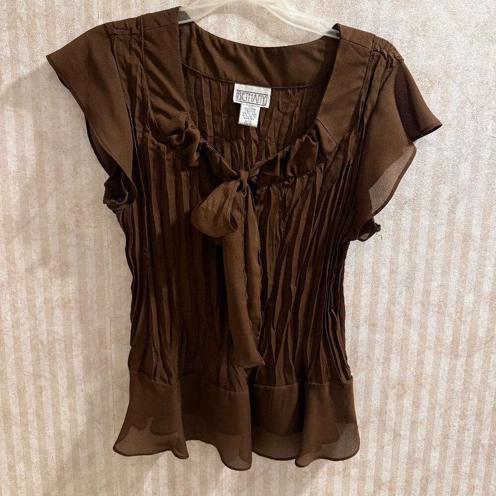 Brown Crepe Ruffle Blouse - M Sheer and flowly